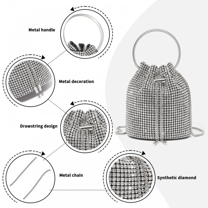 Women's Rhinestone Evening Bag with Metal Ring Handle and Chain Crossbody Strap – Silver