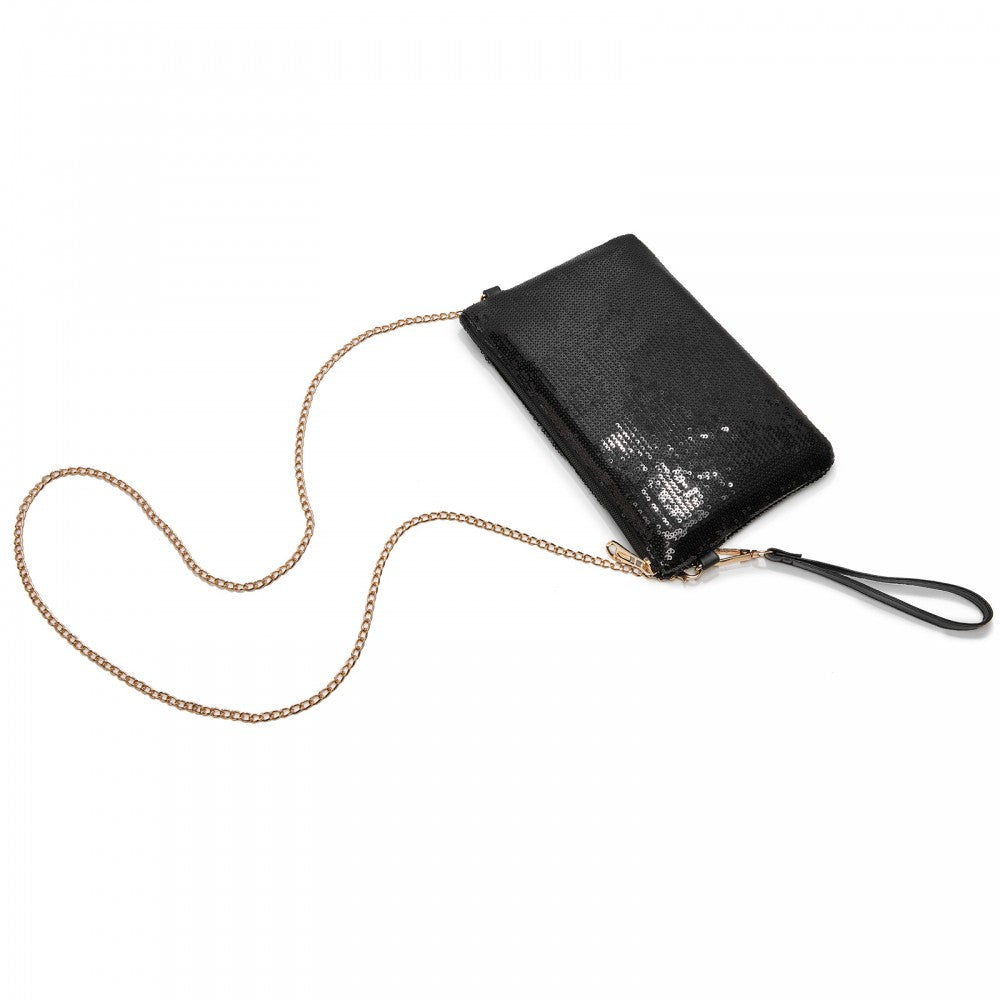 Glam Sparkle Sequin Evening Clutch-Sleek, Shimmering Wristlet and Crossbody – Black