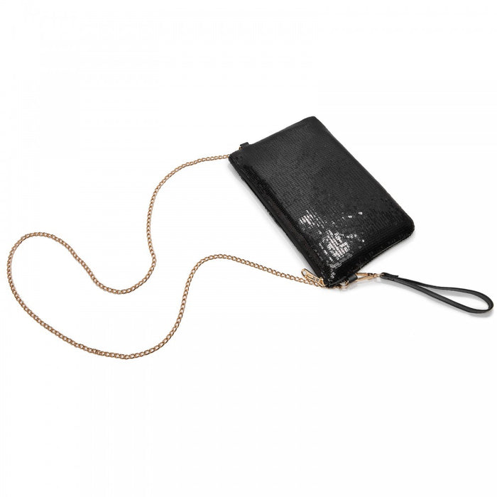 Glam Sparkle Sequin Evening Clutch-Sleek, Shimmering Wristlet and Crossbody – Black