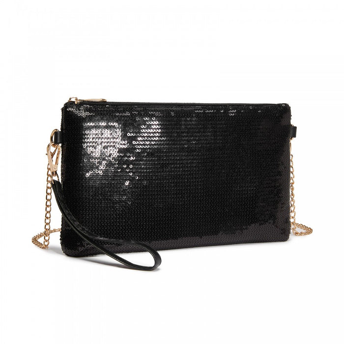 Glam Sparkle Sequin Evening Clutch-Sleek, Shimmering Wristlet and Crossbody – Black