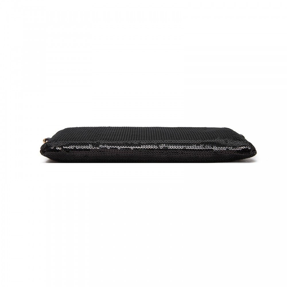 Glam Sparkle Sequin Evening Clutch-Sleek, Shimmering Wristlet and Crossbody – Black