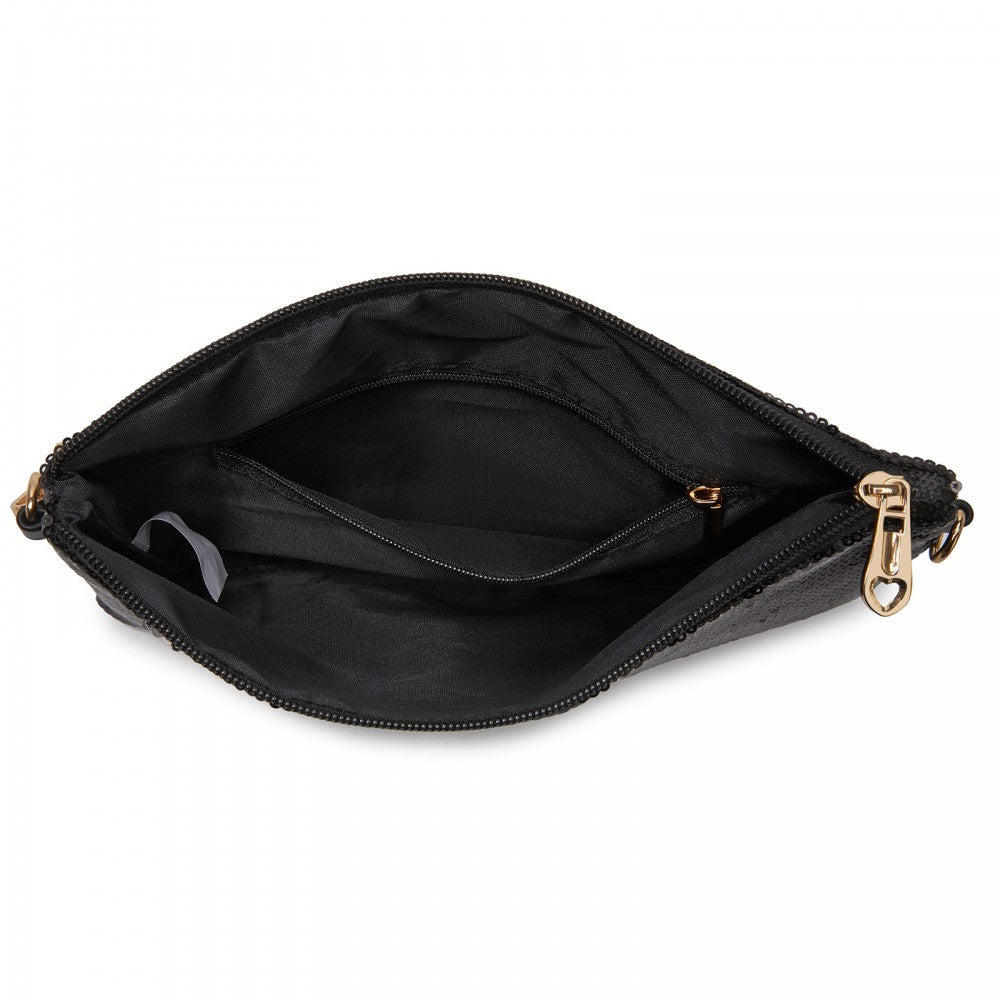Glam Sparkle Sequin Evening Clutch-Sleek, Shimmering Wristlet and Crossbody – Black
