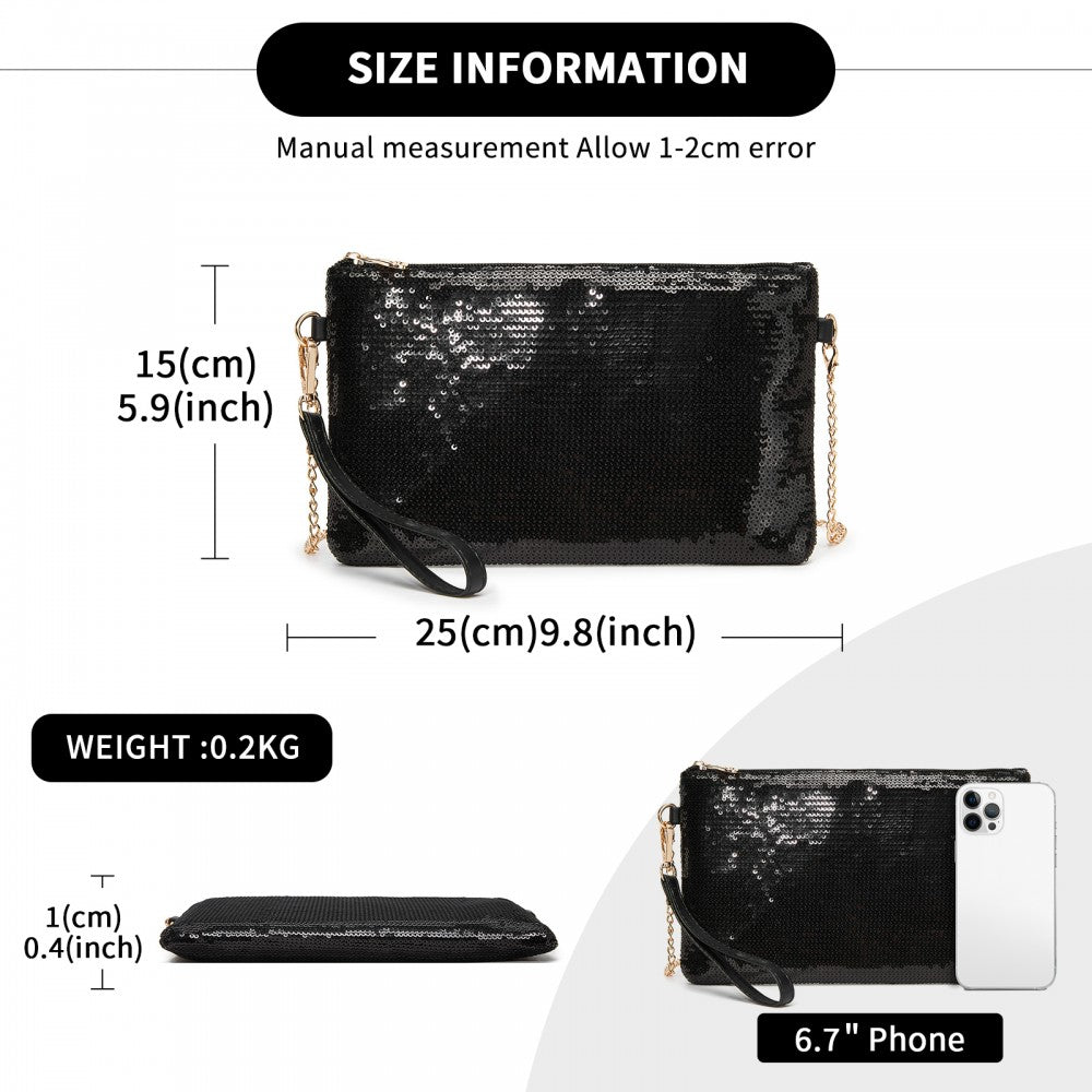 Glam Sparkle Sequin Evening Clutch-Sleek, Shimmering Wristlet and Crossbody – Black