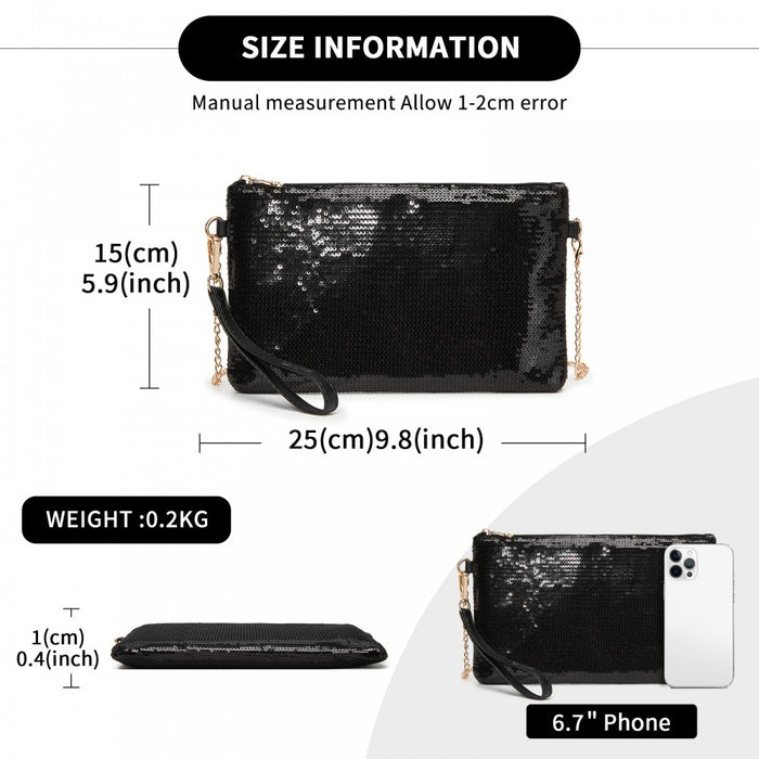 Glam Sparkle Sequin Evening Clutch-Sleek, Shimmering Wristlet and Crossbody – Black