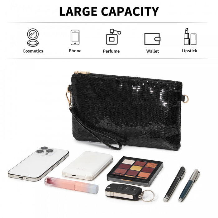 Glam Sparkle Sequin Evening Clutch-Sleek, Shimmering Wristlet and Crossbody – Black