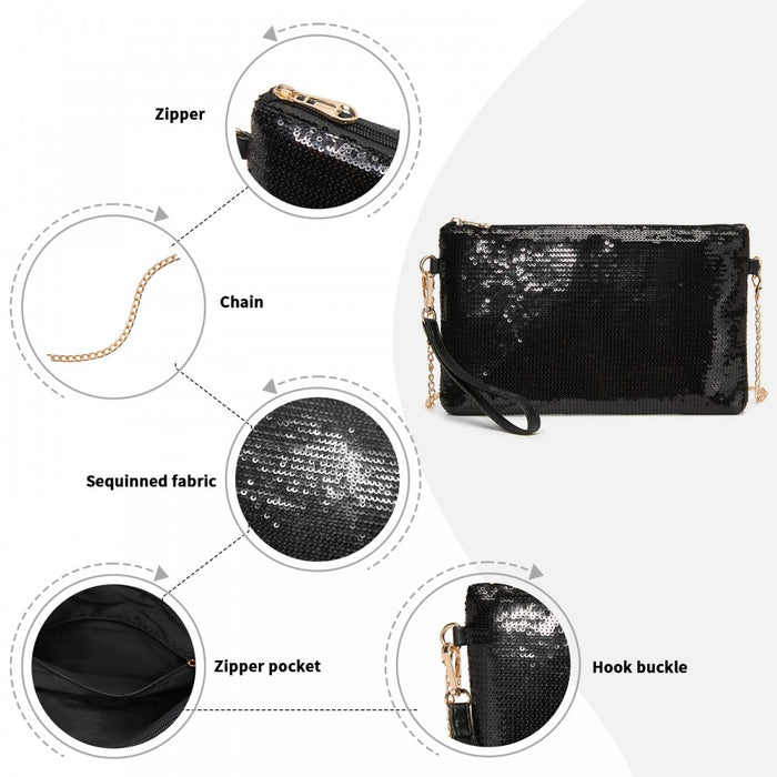 Glam Sparkle Sequin Evening Clutch-Sleek, Shimmering Wristlet and Crossbody – Black
