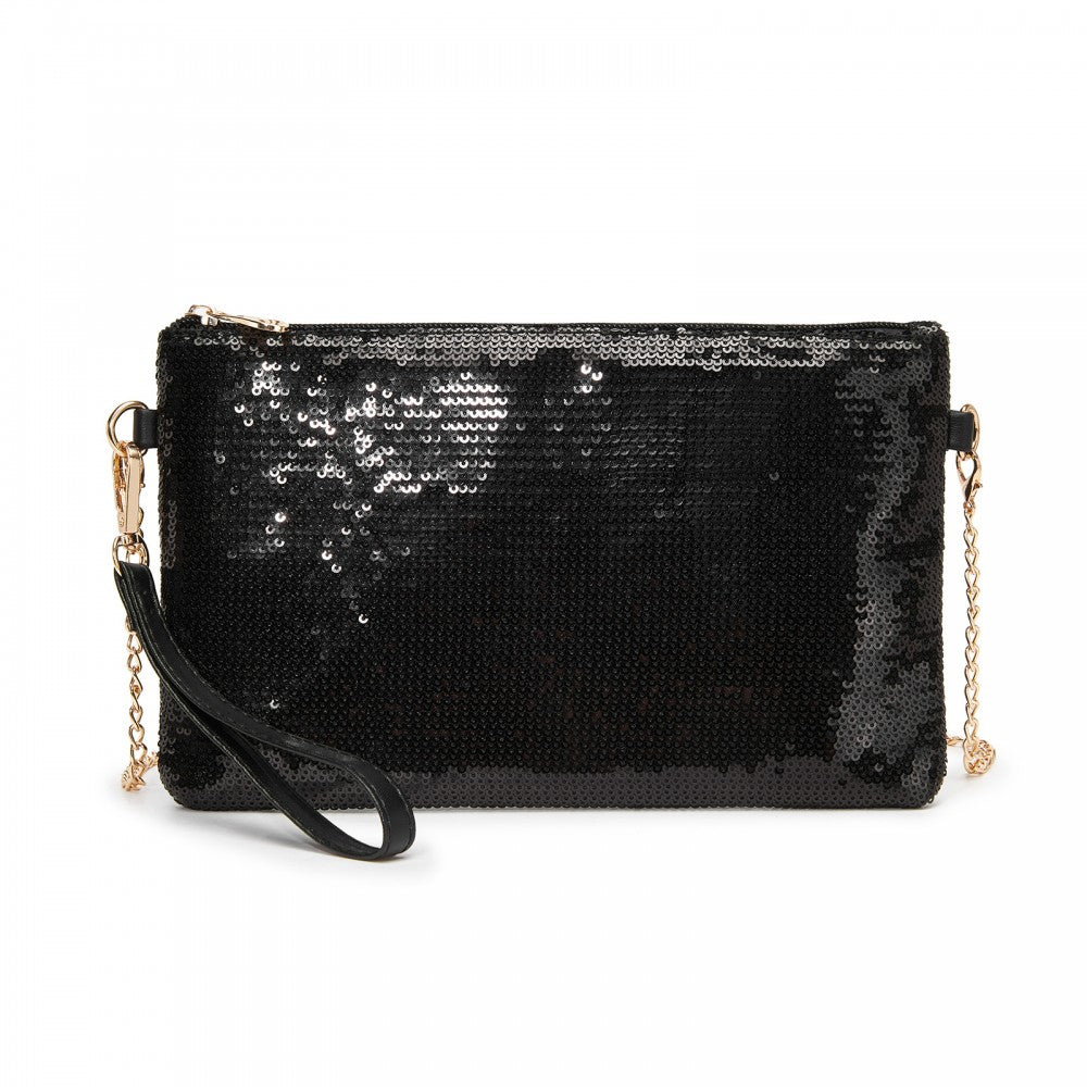 Glam Sparkle Sequin Evening Clutch-Sleek, Shimmering Wristlet and Crossbody – Black