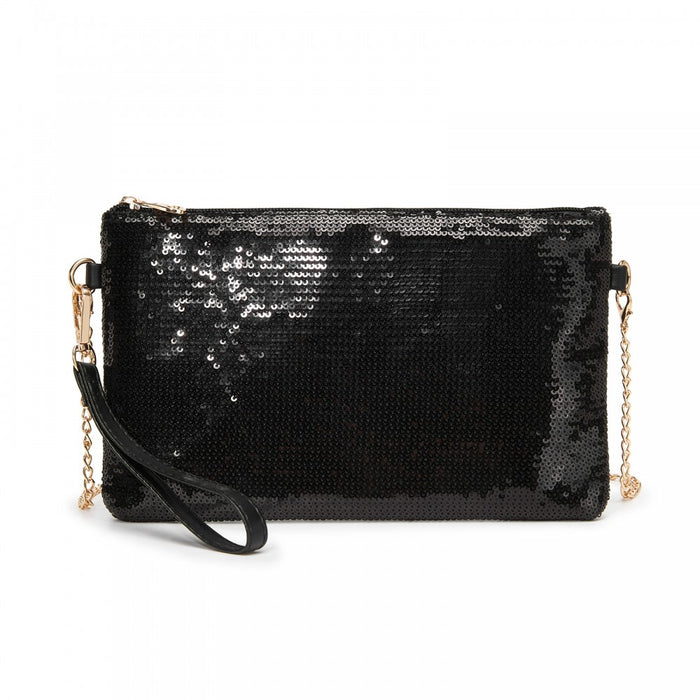 Glam Sparkle Sequin Evening Clutch-Sleek, Shimmering Wristlet and Crossbody – Black