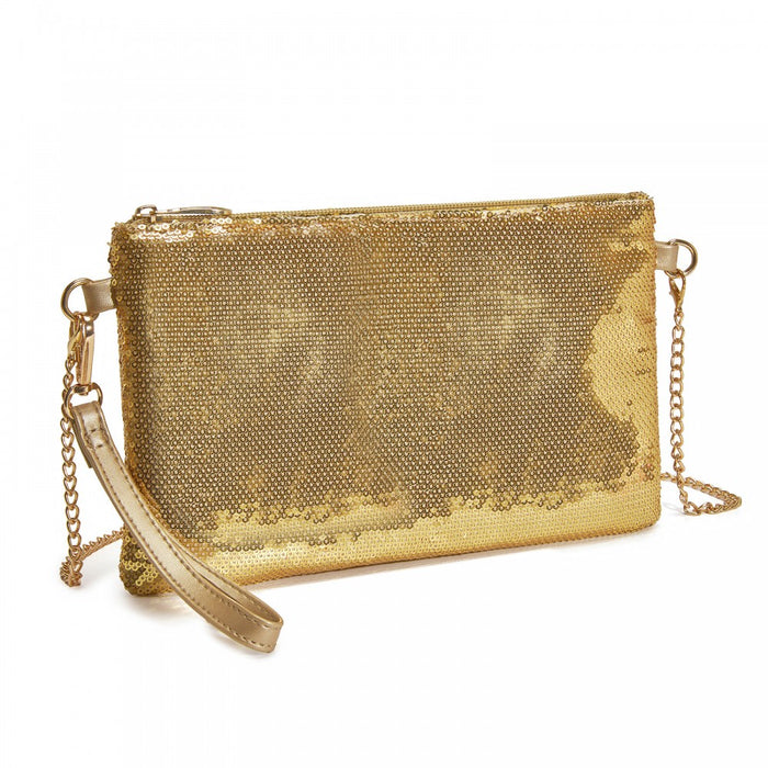 Glam Sparkle Sequin Evening Clutch-Sleek, Shimmering Wristlet and Crossbody – Gold