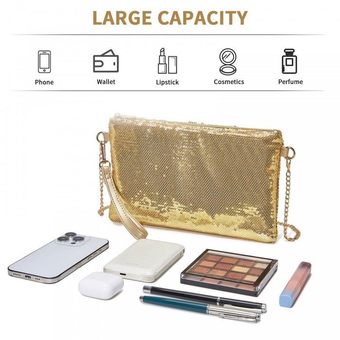 Glam Sparkle Sequin Evening Clutch-Sleek, Shimmering Wristlet and Crossbody – Gold
