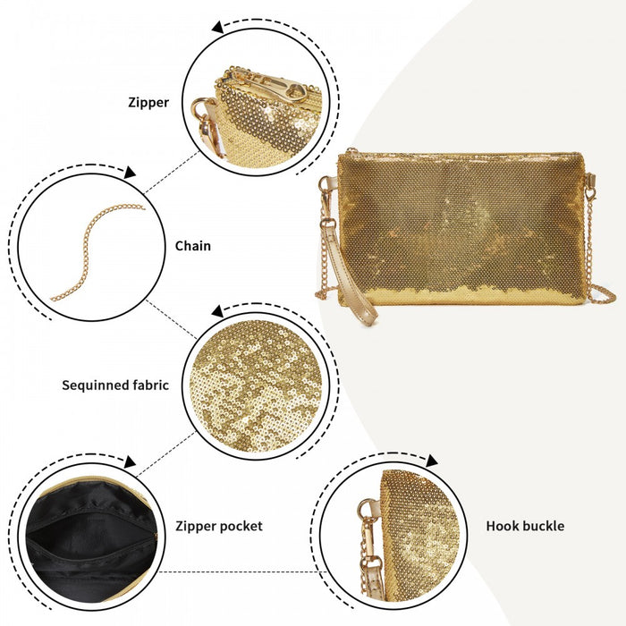 Glam Sparkle Sequin Evening Clutch-Sleek, Shimmering Wristlet and Crossbody – Gold