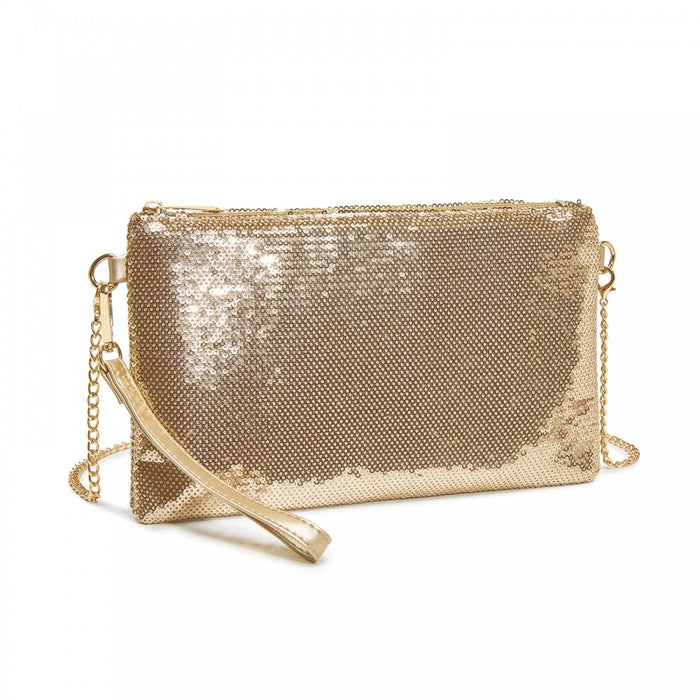 Glam Sparkle Sequin Evening Clutch-Sleek, Shimmering Wristlet and Crossbody – Light Gold