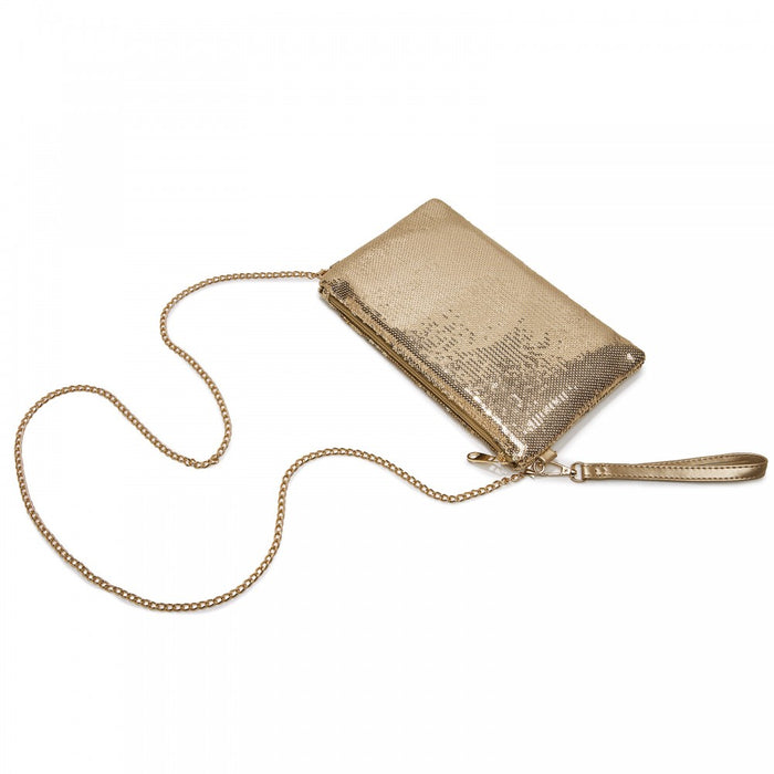 Glam Sparkle Sequin Evening Clutch-Sleek, Shimmering Wristlet and Crossbody – Light Gold