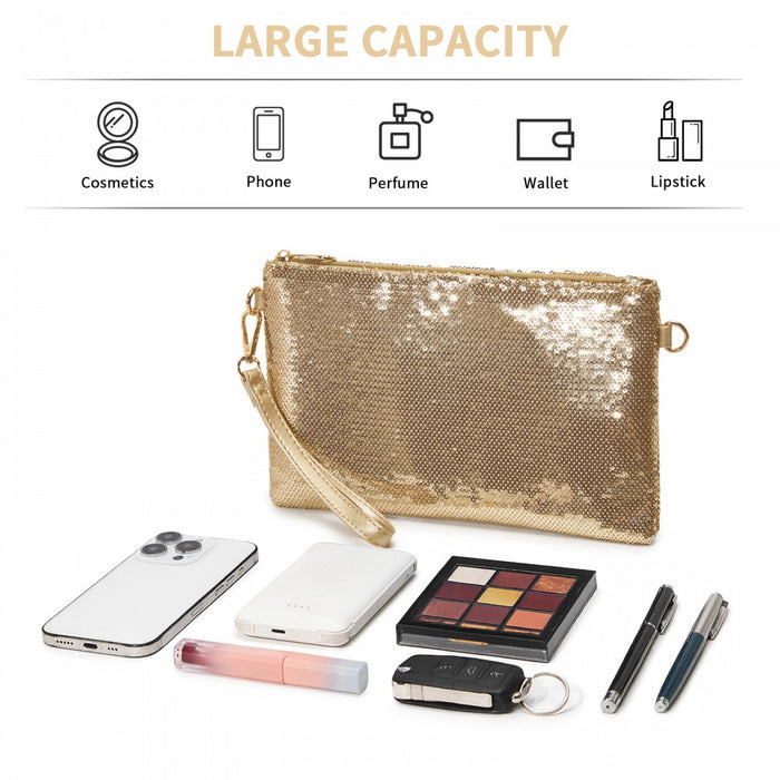 Glam Sparkle Sequin Evening Clutch-Sleek, Shimmering Wristlet and Crossbody – Light Gold