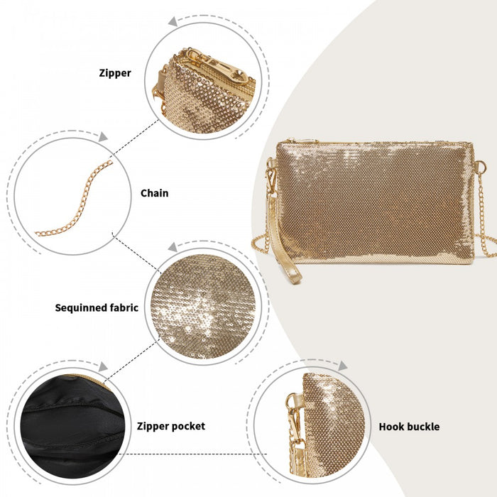 Glam Sparkle Sequin Evening Clutch-Sleek, Shimmering Wristlet and Crossbody – Light Gold