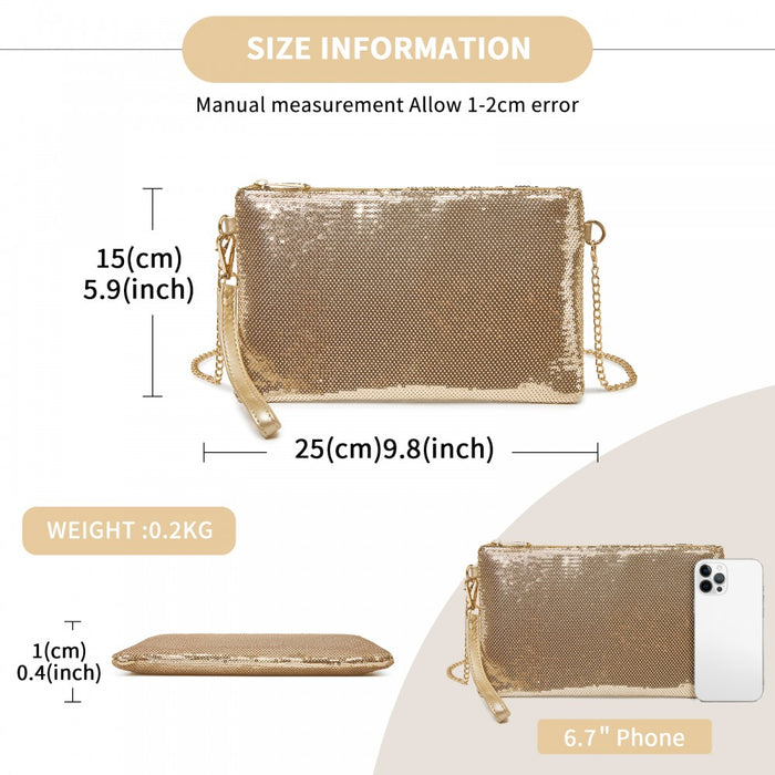 Glam Sparkle Sequin Evening Clutch-Sleek, Shimmering Wristlet and Crossbody – Light Gold