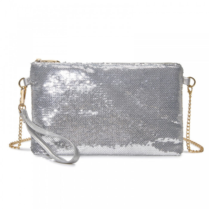 Glam Sparkle Sequin Evening Clutch-Sleek, Shimmering Wristlet and Crossbody – Silver