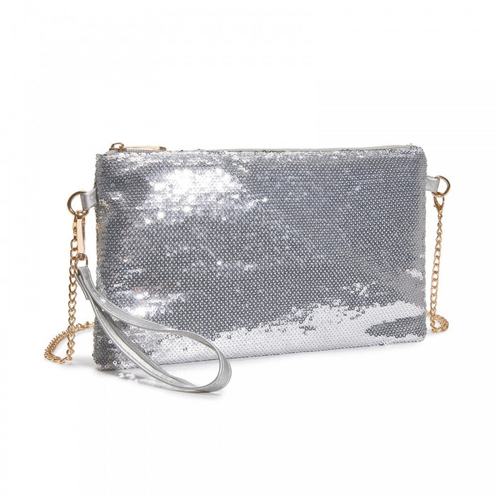 Glam Sparkle Sequin Evening Clutch-Sleek, Shimmering Wristlet and Crossbody – Silver
