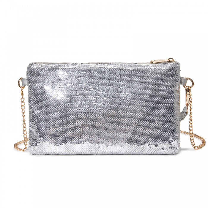 Glam Sparkle Sequin Evening Clutch-Sleek, Shimmering Wristlet and Crossbody – Silver