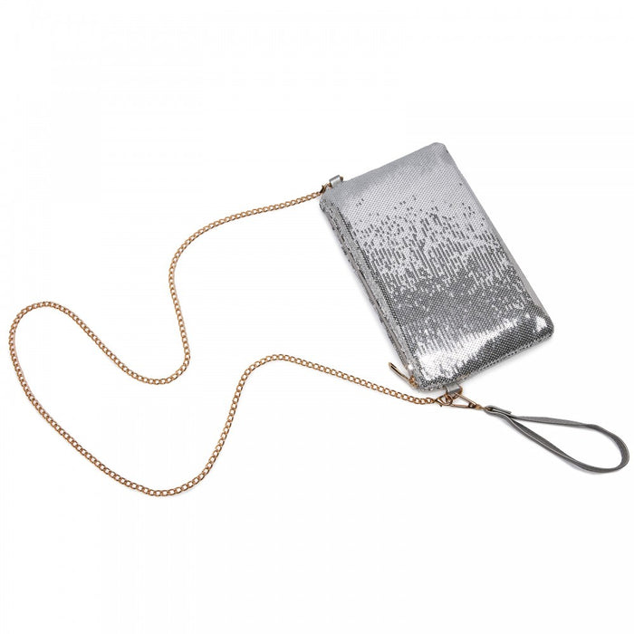 Glam Sparkle Sequin Evening Clutch-Sleek, Shimmering Wristlet and Crossbody – Silver