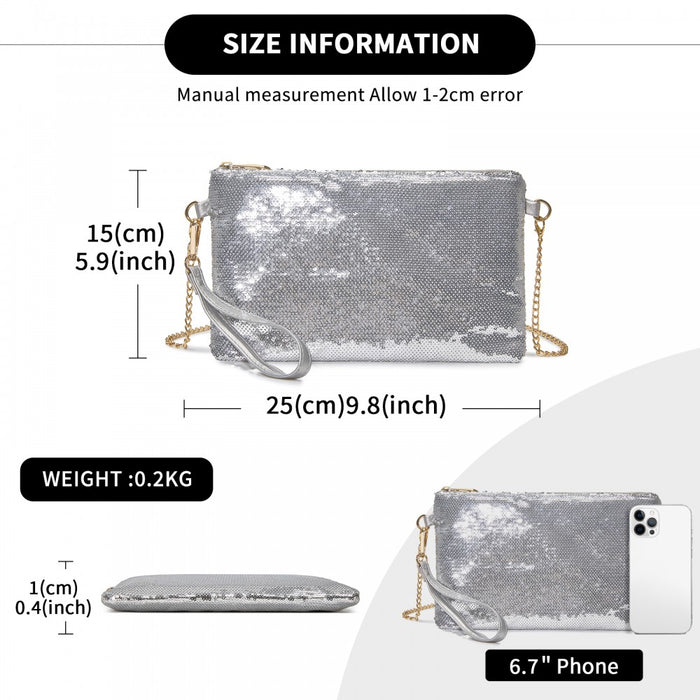 Glam Sparkle Sequin Evening Clutch-Sleek, Shimmering Wristlet and Crossbody – Silver