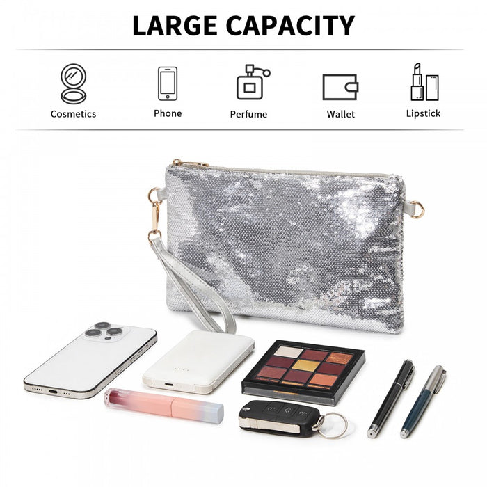 Glam Sparkle Sequin Evening Clutch-Sleek, Shimmering Wristlet and Crossbody – Silver