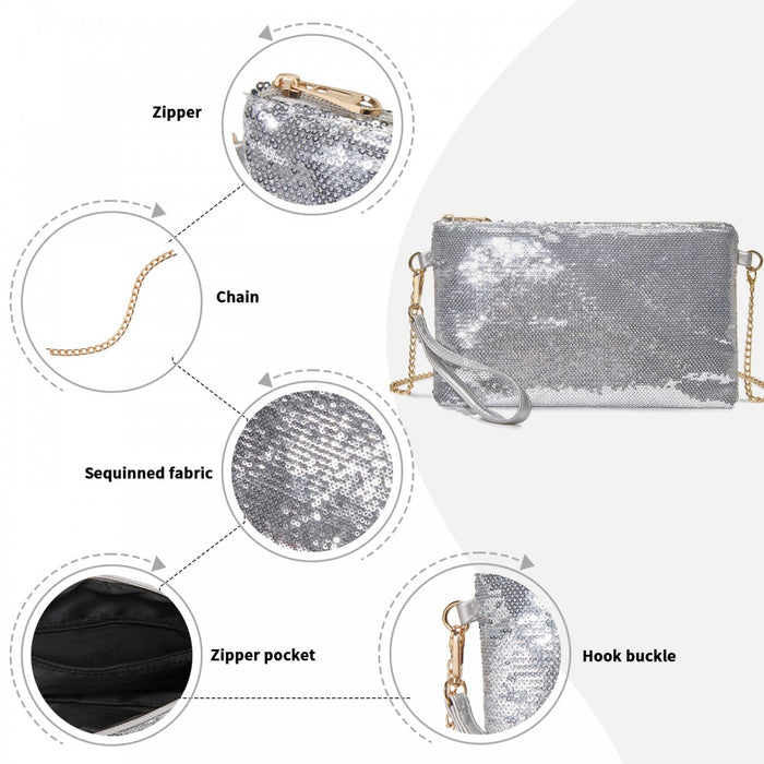 Glam Sparkle Sequin Evening Clutch-Sleek, Shimmering Wristlet and Crossbody – Silver