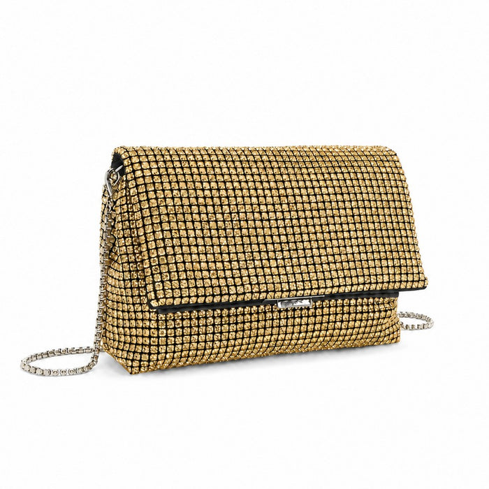 Rhinestone Clutch Bag, Detachable Metal Chain Evening Bag, Crossbody Shoulder Handbag – Gold