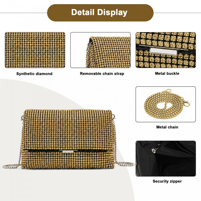 Rhinestone Clutch Bag, Detachable Metal Chain Evening Bag, Crossbody Shoulder Handbag – Gold
