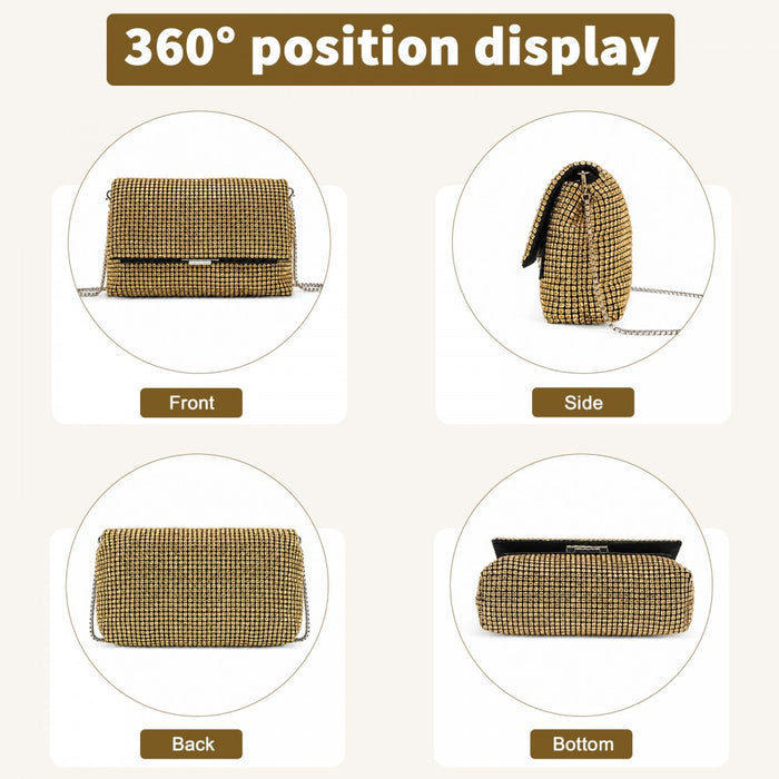 Rhinestone Clutch Bag, Detachable Metal Chain Evening Bag, Crossbody Shoulder Handbag – Gold