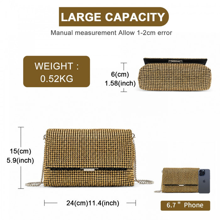 Rhinestone Clutch Bag, Detachable Metal Chain Evening Bag, Crossbody Shoulder Handbag – Gold