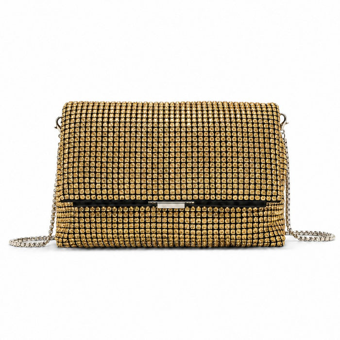 Rhinestone Clutch Bag, Detachable Metal Chain Evening Bag, Crossbody Shoulder Handbag – Gold