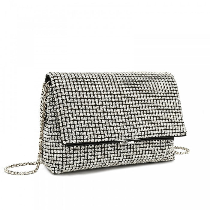 Rhinestone Clutch Bag, Detachable Metal Chain Evening Bag, Crossbody Shoulder Handbag – Silver