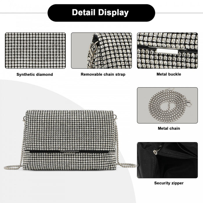 Rhinestone Clutch Bag, Detachable Metal Chain Evening Bag, Crossbody Shoulder Handbag – Silver