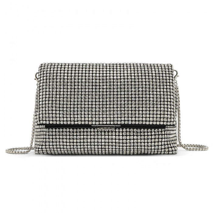 Rhinestone Clutch Bag, Detachable Metal Chain Evening Bag, Crossbody Shoulder Handbag – Silver