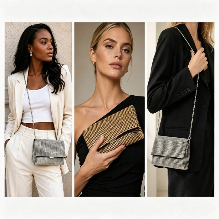 Rhinestone Clutch Bag, Detachable Metal Chain Evening Bag, Crossbody Shoulder Handbag – Silver