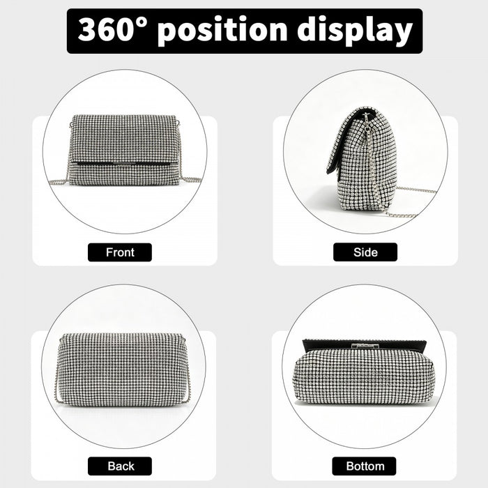 Rhinestone Clutch Bag, Detachable Metal Chain Evening Bag, Crossbody Shoulder Handbag – Silver