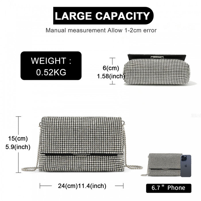 Rhinestone Clutch Bag, Detachable Metal Chain Evening Bag, Crossbody Shoulder Handbag – Silver