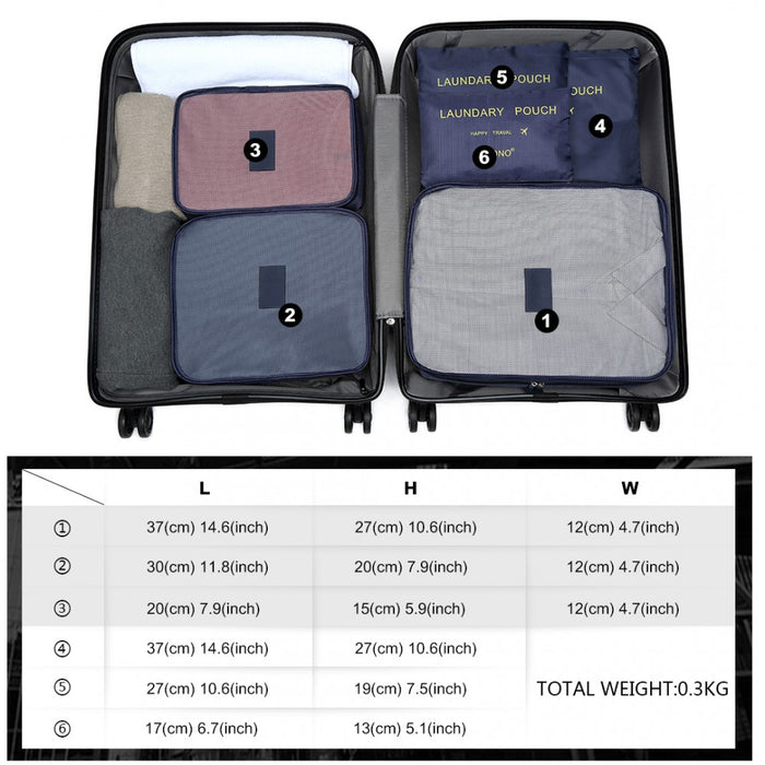 6-Piece Polyester Travel Luggage Organiser Bag Set – Navy Blue