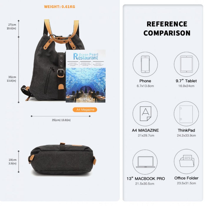 Casual Canvas Dual-Use Bag Large Shoulder Bag and Backpack – Black