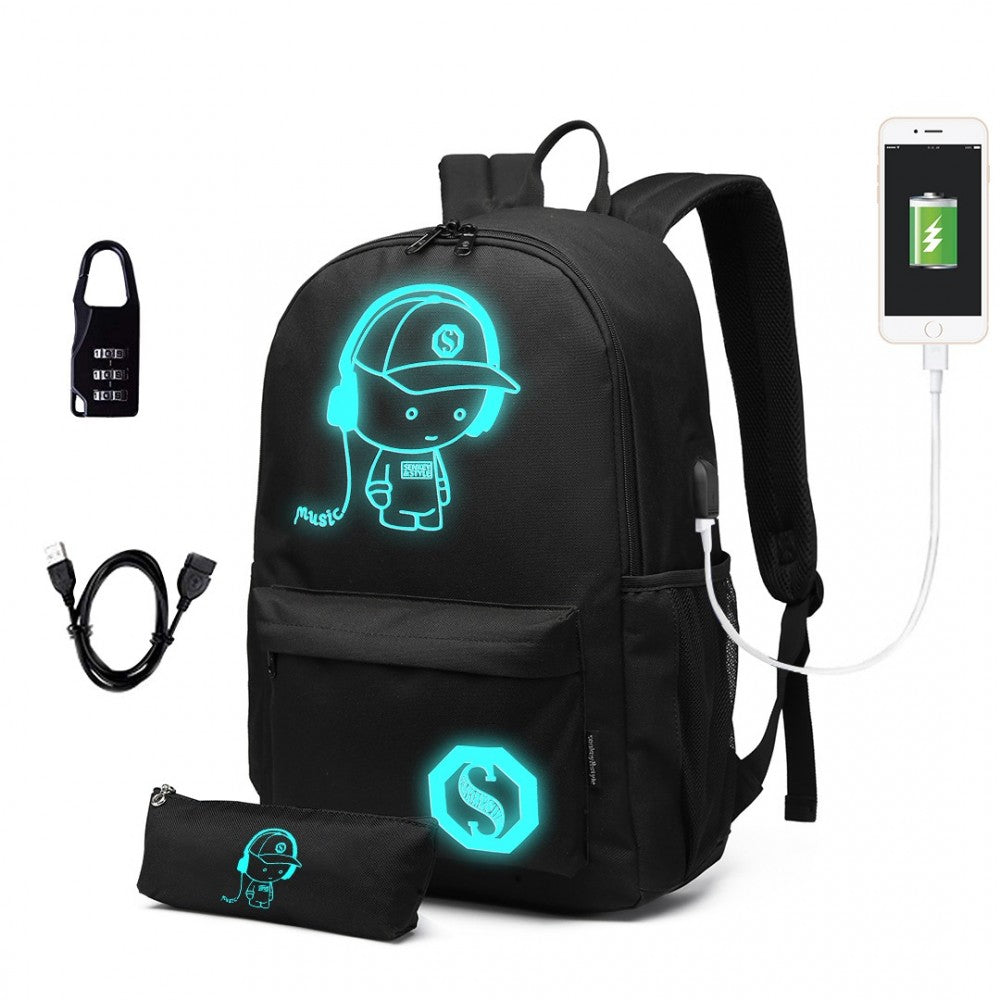 Glow in the Dark Waterproof USB Charging Backpack with Pencil Case – Black