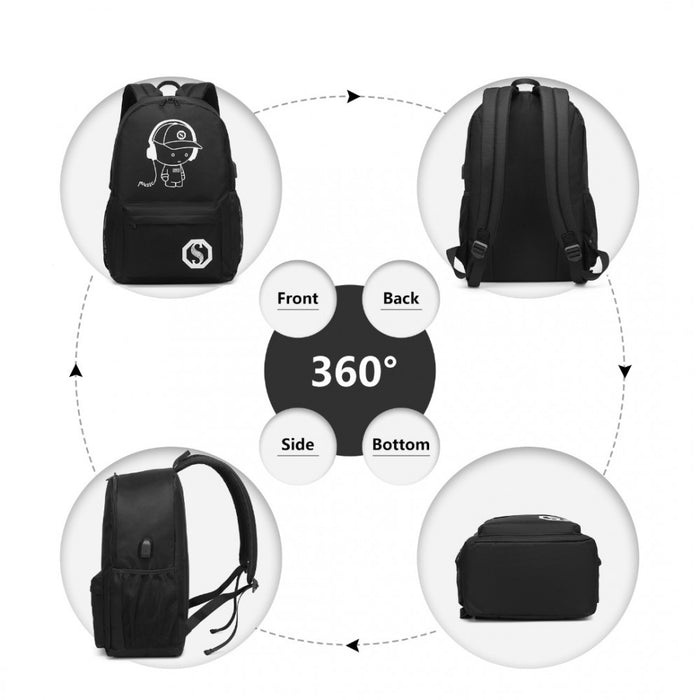 Glow in the Dark Waterproof USB Charging Backpack with Pencil Case – Black