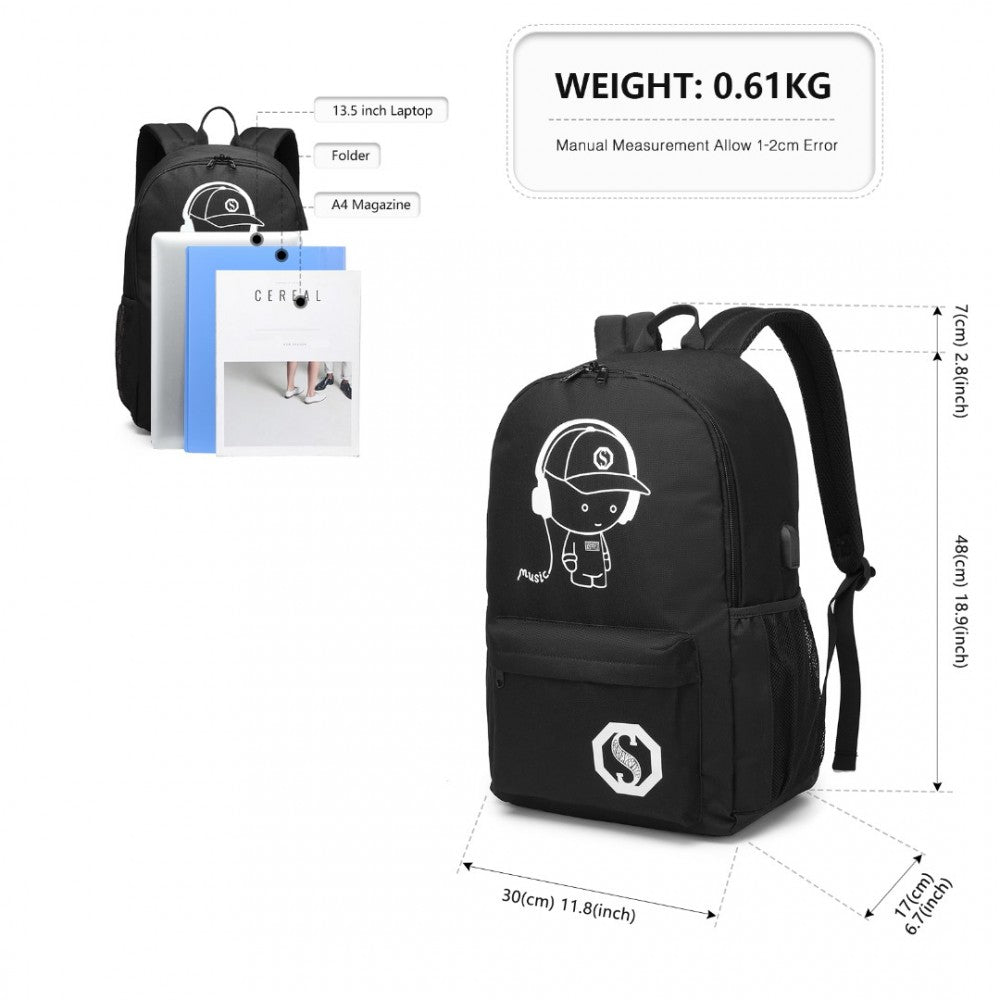 Glow in the Dark Waterproof USB Charging Backpack with Pencil Case – Black