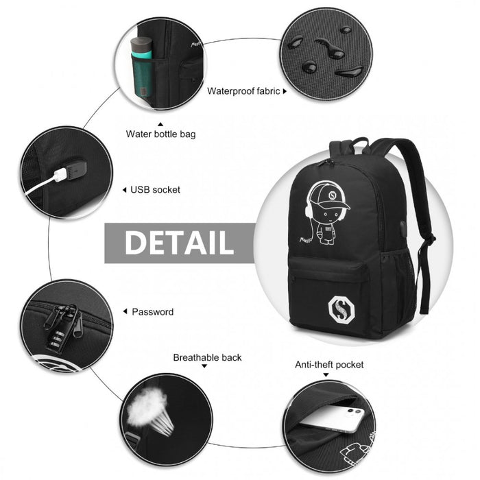Glow in the Dark Waterproof USB Charging Backpack with Pencil Case – Black