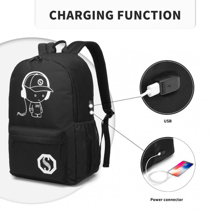 Glow in the Dark Waterproof USB Charging Backpack with Pencil Case – Black