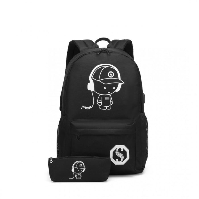 Glow in the Dark Waterproof USB Charging Backpack with Pencil Case – Black