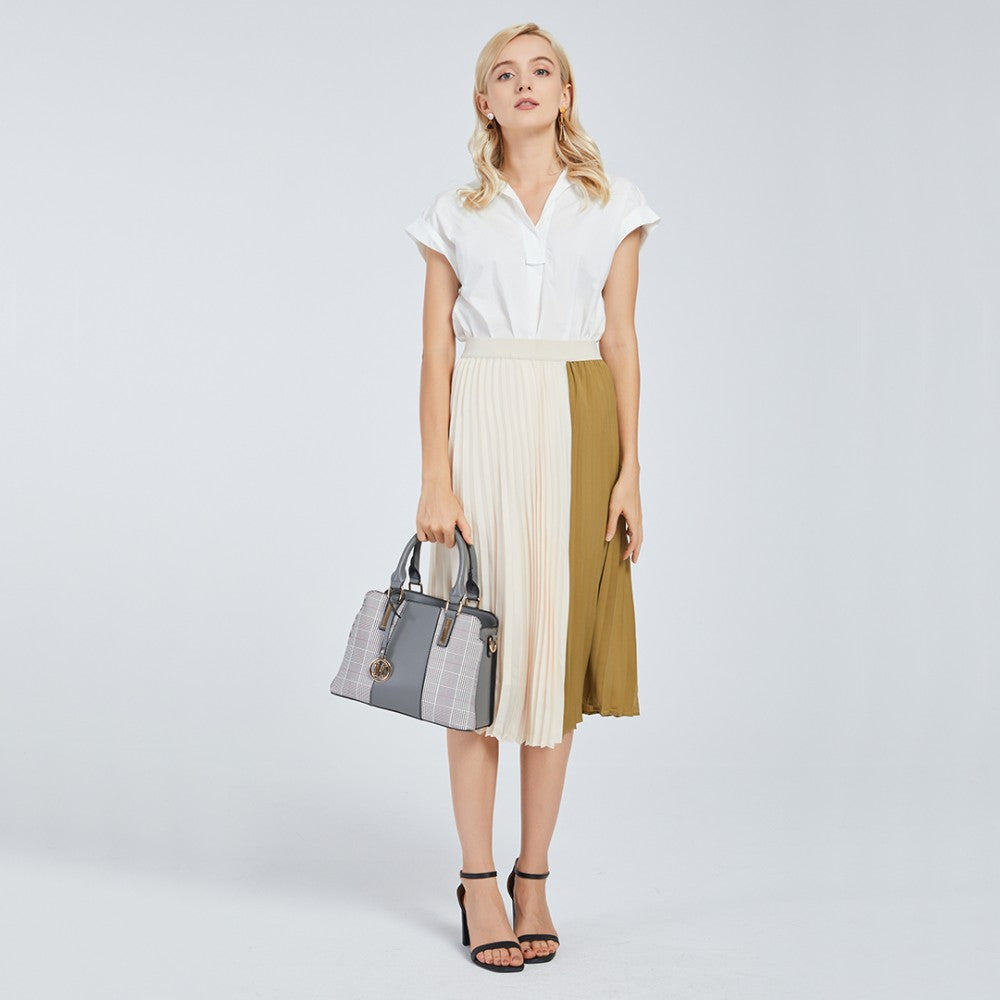 Gingham Plaid Panel Shoulder Bag – Grey