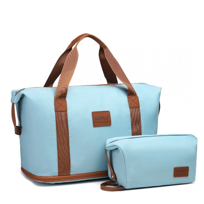 2-Piece Expandable Waterproof Travel Duffel Bag Set – Grayish Blue and Brown