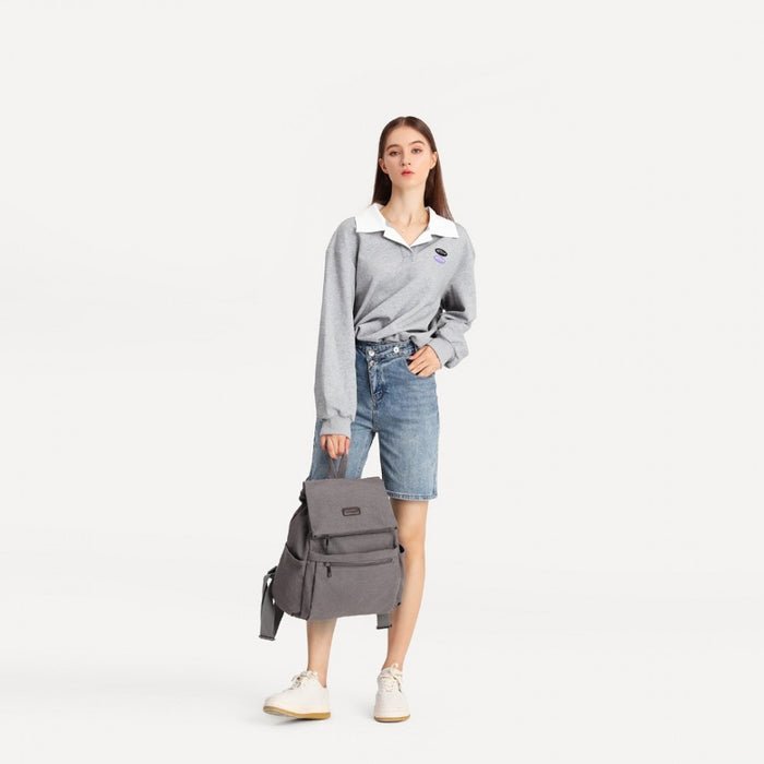 Canvas Clamshell Drawstring School Backpack – Grey