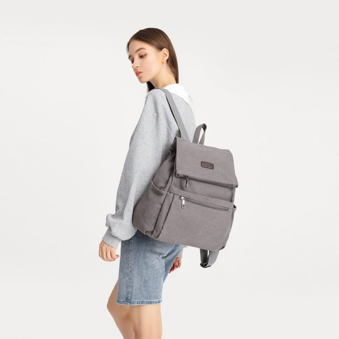 Canvas Clamshell Drawstring School Backpack – Grey
